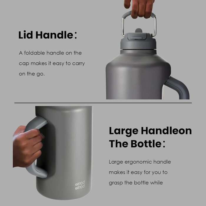 BOTTLE BOTTLE Insulated Water Bottle with Straw and Double Lid, Stainless Steel Sports Water Bottle for Men, with Handle, Vacuum Stainless Steel, for Workout and Sports, 1.8L (Gray)