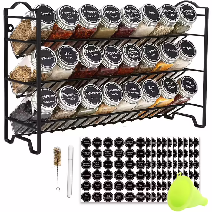 edihome Spice Rack, 24 Spice Jars, 3-Tier Organizer with Metal Frame, with Labels, Individual Lids, and Dispensers (Model 1)