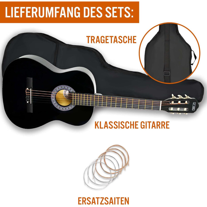 Класична гітара 3rd Avenue 4/4 з нейлоновими струнами, повний розмір, стартовий набір – синій (чорний)