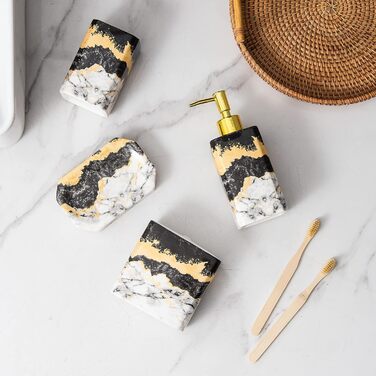 Набір аксесуарів для ванної кімнати (4 шт) – білий набір з дозатором для лосьйону, тримачем для зубних щіток, склянкою та мильницею – блискуча поверхня (мармур, білий) (чорний, білий)