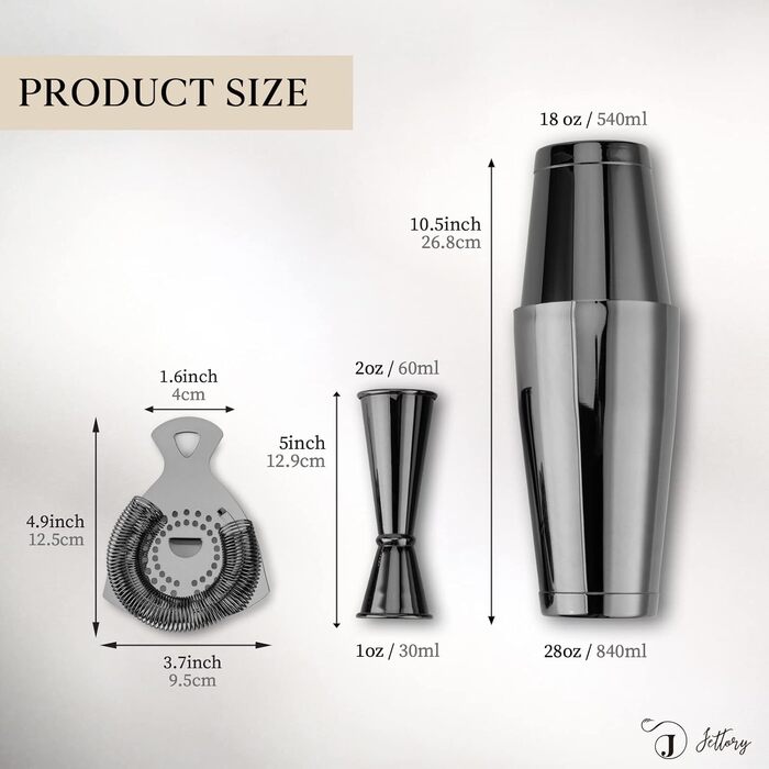 Boston Shaker Set - 4-Piece Cocktail Shaker Kit with 18/28 oz Boston Shaker Stainless Steel, Hawthorne Strainer, and Jigger, in a Stylish Gift Box - Ideal for Home Bar Use (Black).