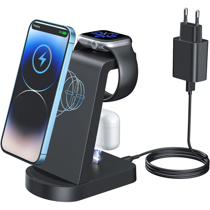 Бездротова зарядка 3 в 1 з адаптером 18W, сумісна з iPhone, Apple Watch, AirPods (чорний)