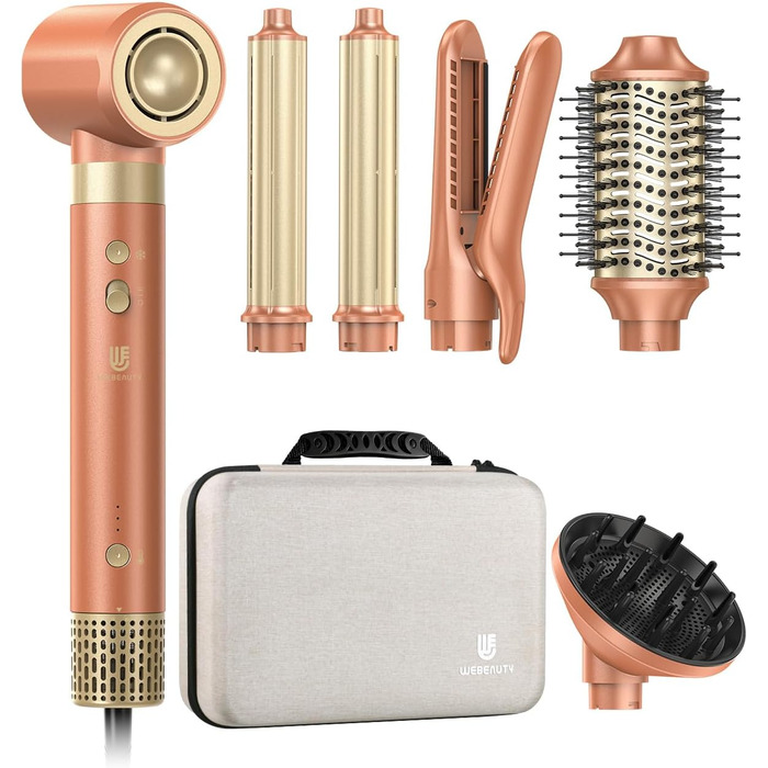 Webeauty 7-в-1 Стайлер для волосся: фен, плойка, брашинг, дифузор, 110,000 об/хв, 25 м/с, 500 млн негативних іонів, Dual Voltage, Mokka