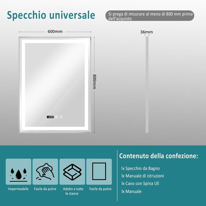 Дзеркало для ванної кімнати YU YUSING з підсвічуванням 60x80 см, антизапітніння, 3 кольори світла, регулювання яскравості, LED, годинник, IP44, металевий каркас, вертикальне, срібне
