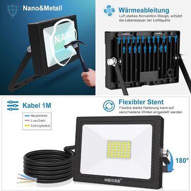MEIKEE 35W LED Floodlights Outdoor 2 Pack 3000LM Super Bright Outdoor Floodlights IP66 Waterproof LED Floodlight 6500K Cool White LED Spotlight, Outdoor Light for Garden, Courtyards, Garage, Hotel, Sports Field