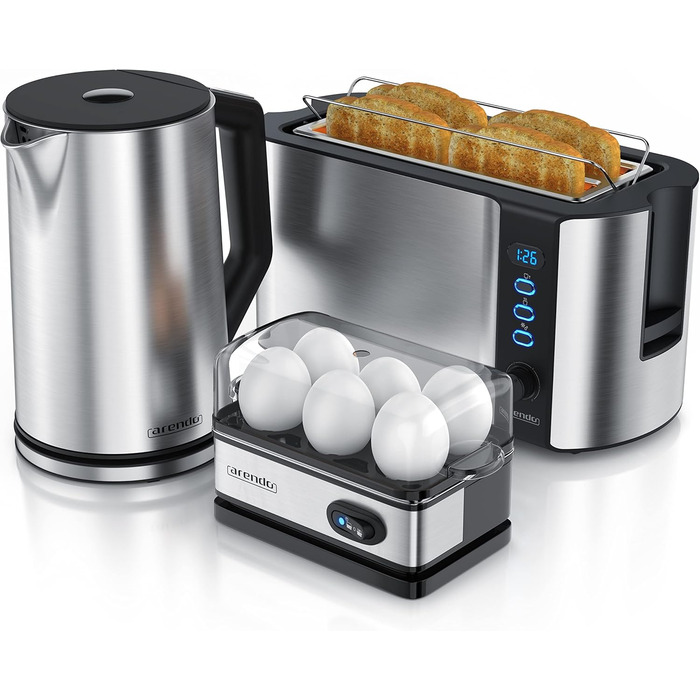 Набір Arendo: чайник, тостер та яйцеварка, нержавіюча сталь, сірий, 1.5л, 40-100°C, 4 тости, LED-дисплей, 6 рівнів підсмажування, на 1-6 яєць