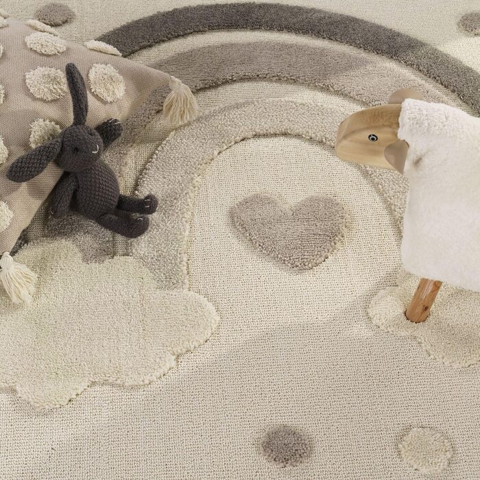 Дитячий килим TT Home для кімнати, ігровий, короткий ворс, сонце, 3D, пухнастий, темно-бежевий/кремовий, круглий 120 см