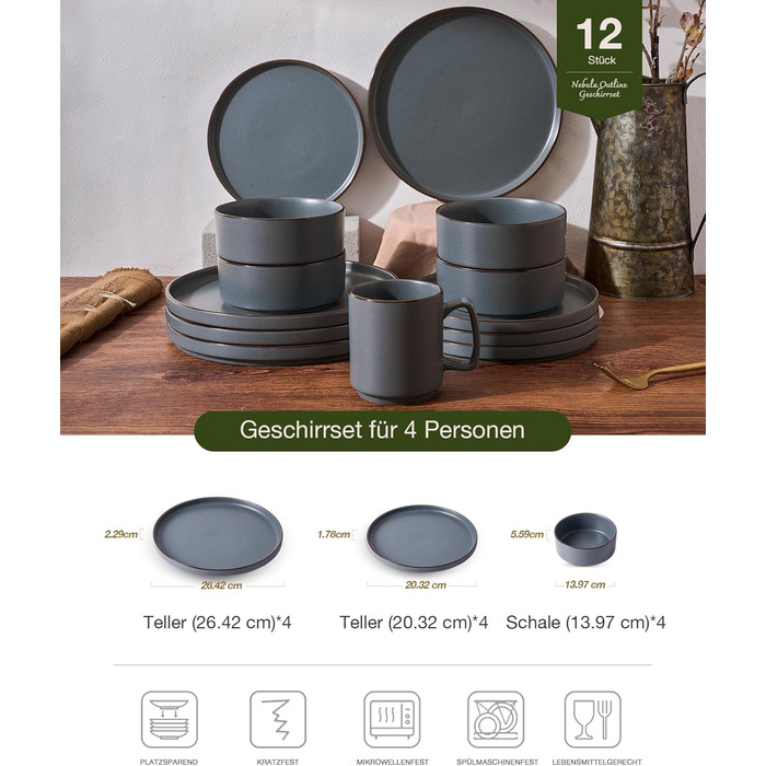 Набір посуду Mercury, 12 предметів: тарілки для 4 осіб (тарілки для їжі, десертні тарілки, миски для каші), з каменю, підходить для мікрохвильової печі та миття в посудомийній машині, колір: вугільно-сірий