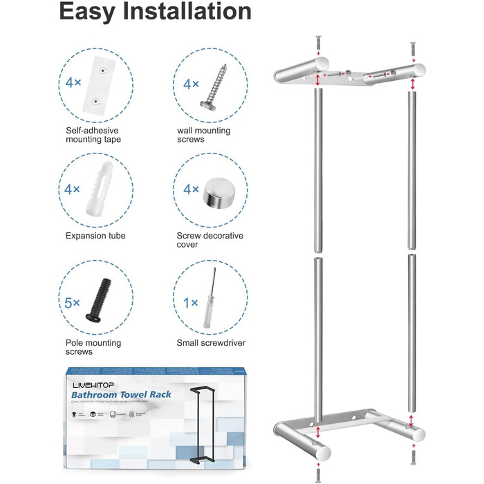 Стійка для рушників LIVEHITOP без свердління, 75 см, нержавіюча сталь, велика місткість, для ванної кімнати