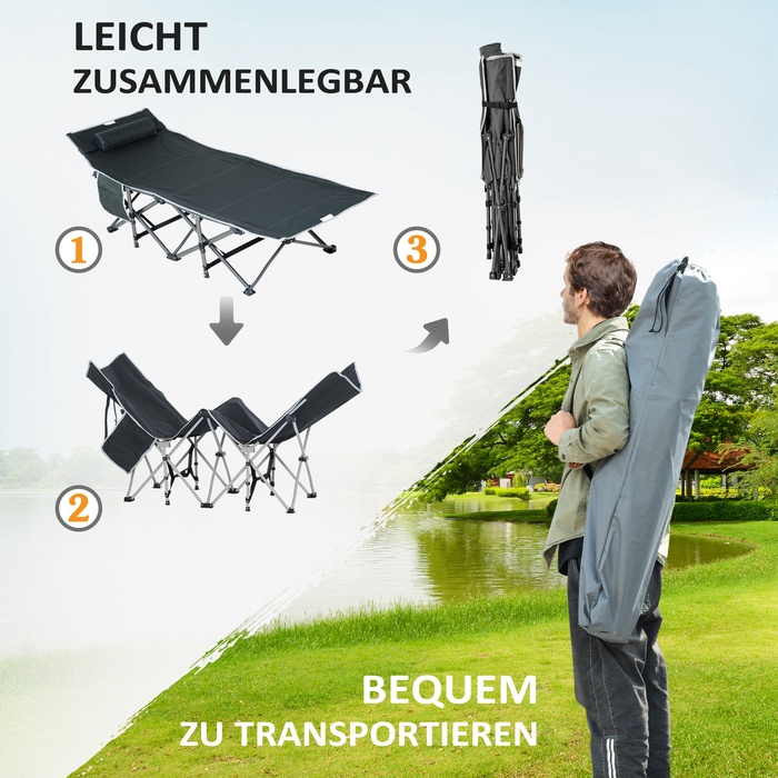 Outsunny Folding Sun Lounger with Head Pillow and Side Pocket, Integrated Storage Bag, Metal and Oxford Fabric, 188 x 64.5 x 53 cm, Grey | Aosom