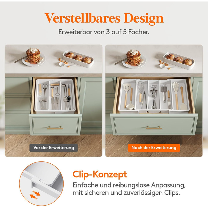 Органайзер для столових приборів Lifewit розсувний для шухляди, 33-57 x 38 x 5 см, білий. Підставка для ножів та виделок, пластик.