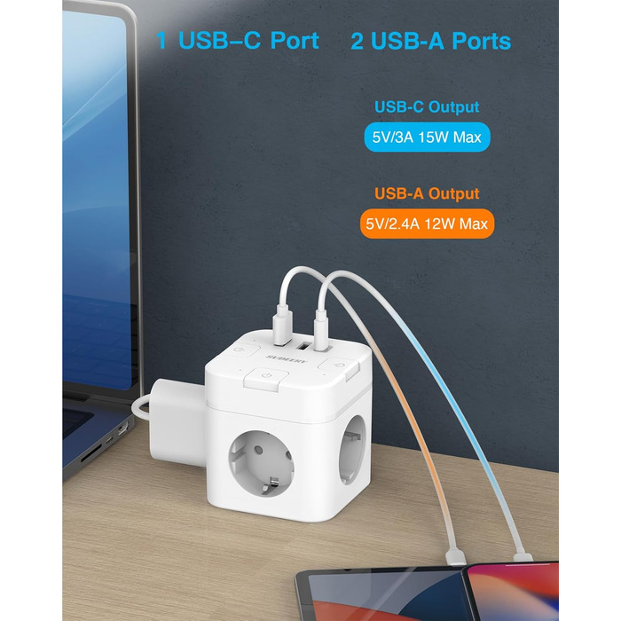 Багатофункціональний розподільник розеток 6 в 1 з USB-C, 3 розетки, плоский штекер, індивідуальне вмикання, кабель 2м, 1 USB-C, для офісу, дому, подорожей (білий)