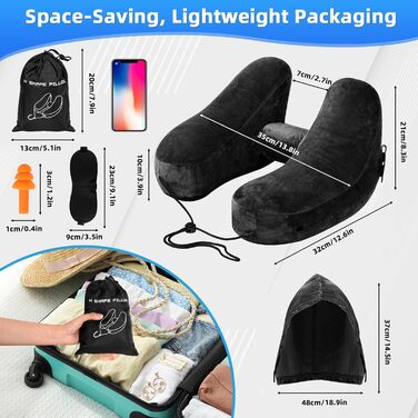 Подушка для шиї у вигляді літака, надувна туристична подушка для подорожей, авто, офісу (чорна)