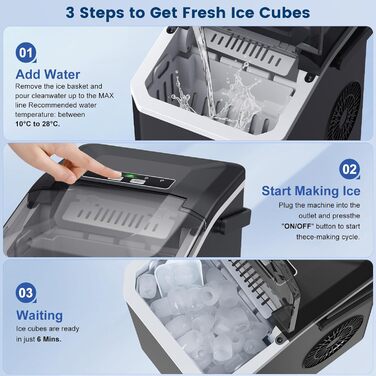 Льодогенератор Ice Cube Maker 12 кг/24 год, швидке виробництво льоду (6-8 хв), 2 розміри кубиків льоду, самоочищення, чорний