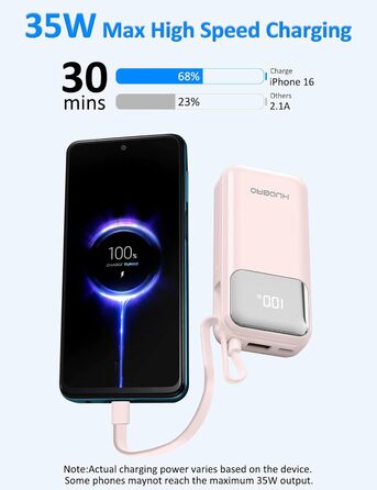 Power Bank 10000mAh з USB-C кабелем, PD 35W, LCD дисплей, для iPhone, Samsung, iPad та інших пристроїв (Блакитний)