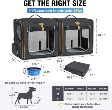 Транспортна переноска для собак та котів середнього розміру 2-в-1, чорна. З туалетом, мисками та матами. Складана переноска з міцного каркасу.