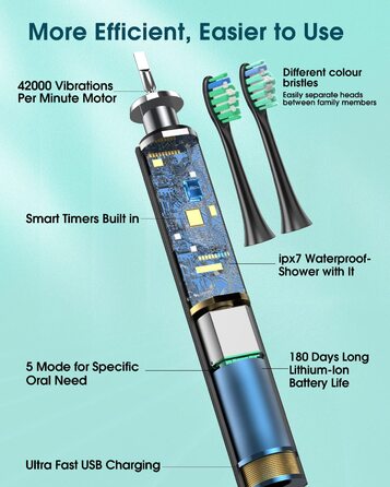 Електрична зубна щітка для дорослих з 6 насадками, перезаряджувана звукова щітка, чорна (1 шт.)