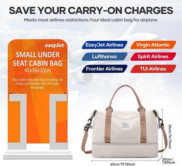 Спортивна дорожня сумка жіноча 45x36x20 Easyjet, водонепроникна сумка для фітнесу, тренувань, басейну, ручної поїздки. З відділенням для взуття, бежево-коричнева