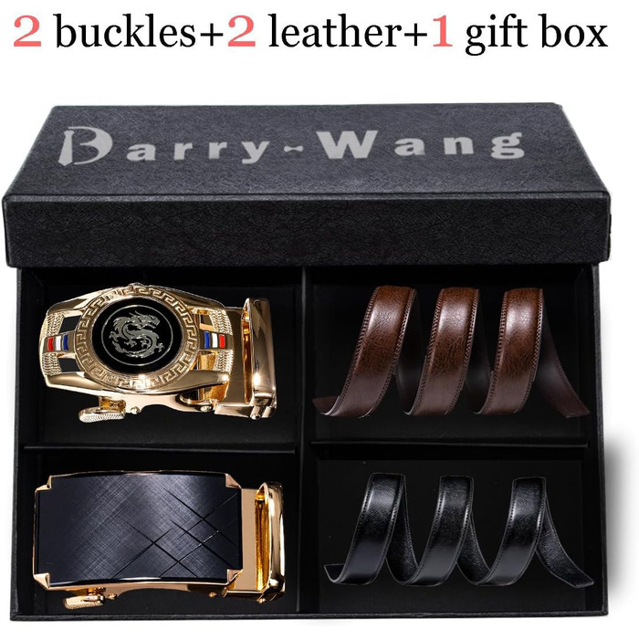 Чоловічий шкіряний ремінь Barry Wang чорний з автоматичною пряжкою (3 в 1), регульований бізнес-пояс, 130 см, у подарунковій коробці