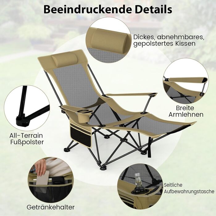 Крісло для кемпінгу та риболовлі Costway з підставкою для ніг, регульованою спинкою, підголівником, тримачем для напоїв та бічною кишенею, складане, хакі