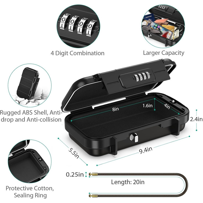 Сейф портативний з кодовим замком ORIA, вологостійкий, для відпочинку та офісу, чорний