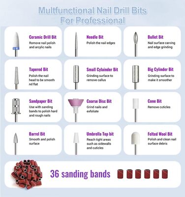 Портативний фрезер для нігтів бездротовий 12 в 1 Професійний електричний набір для манікюру та педикюру USB, перезаряжається, 9 швидкостей, 20000 об/хв, срібний