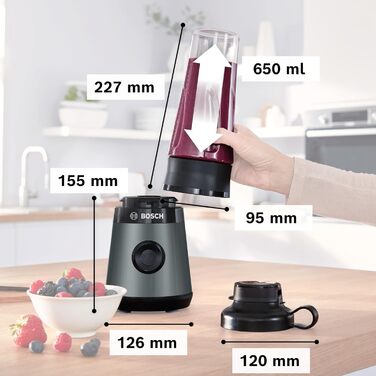 Bosch Mini-Standmixer VitaPower Serie 2 MMB2111S, High-Speed Mixer, up to 40,000 rpm, Tritan ToGo bottle 0.6 L, drinking lid, shatterproof, dishwasher-safe parts, 450W, Silver/black Single