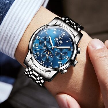 Чоловічий механічний годинник OLEVS 6692 з автопідзаводом, сталевий браслет, синій циферблат, фаза місяця, водонепроникний, люкс