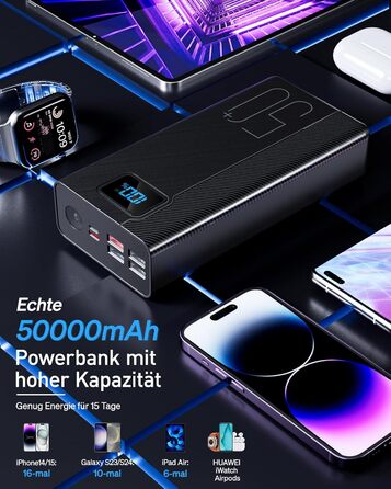 Power Bank 50000mAh 22.5W: Зовнішній акумулятор з великою ємністю, 5 USB виходів, 3 входи, чорний
