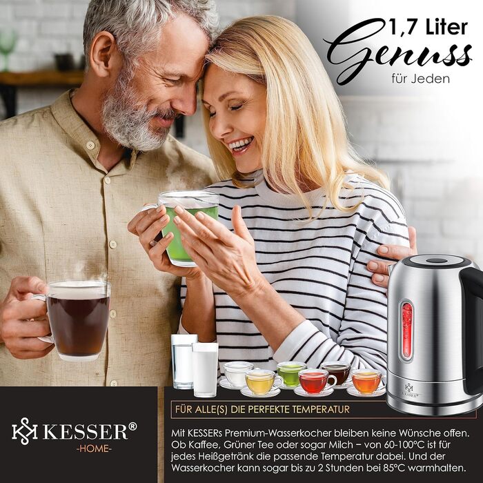 KESSER Stainless Steel Electric Kettle - 1.7L with LED Temperature Display (60-100°C) | Tea Filter, Scale Filter, BPA-Free, 2-Hour Keep Warm