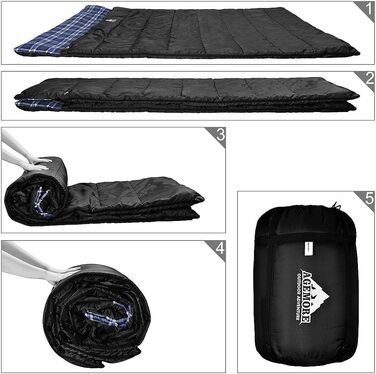 Cotton Flannel Double Sleeping Bag for Camping, Hiking, and Backpacking - Queen Size 2 Person Waterproof Sleeping Bag for Adults & Teens - Lightweight Black/Blue