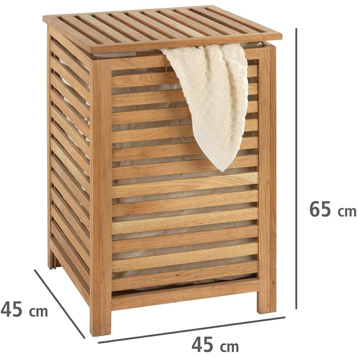 WENKO Laundry Hamper Norway, Laundry Collector with Removable Cotton Laundry Bag, Walnut Wood, Capacity 56 L, 45 x 65 x 45 cm, Natural