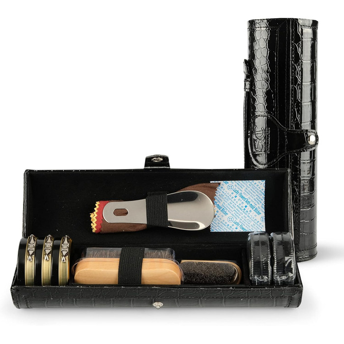 Stone & Clark 12-Piece Leather Shoe Cream & Care Set with Brown Wax, Shoe Brushes for Polishing, Compact Shoe Shine Kit with Horsehair Brushes & PU (Structured Black Kit)