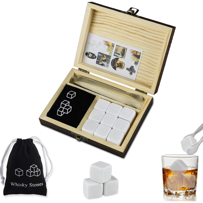 Камені для віскі Whiskey Steine, Набір каміння для охолодження віскі, 9 багаторазових каміння, Подарунковий набір Whiskey Steine
