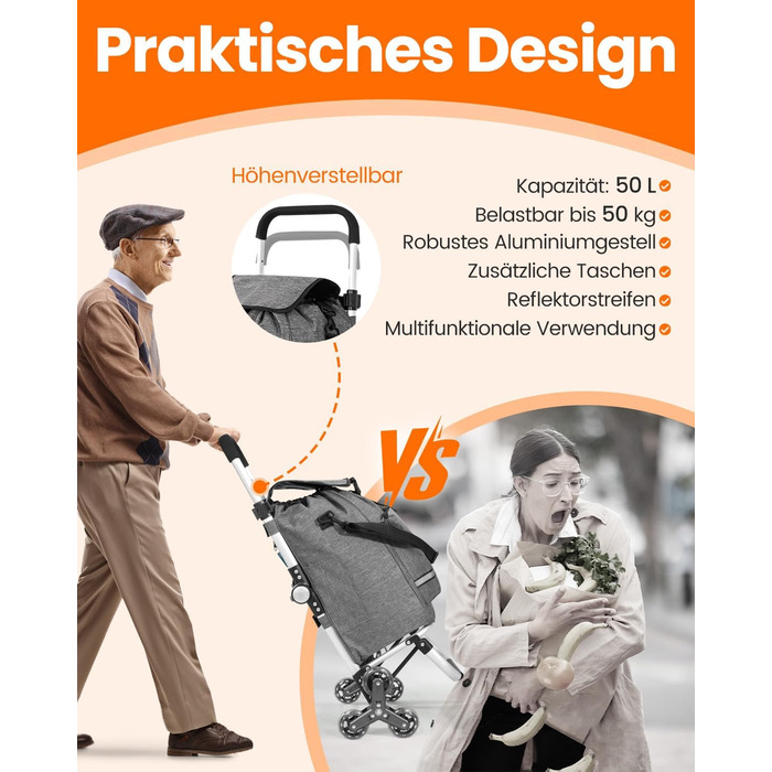 Складаний візок для покупок Homecall 50L з охолодженням, 3-в-1: візок, сумка на колесах, тачка (темно-сірий, сходинкові колеса)