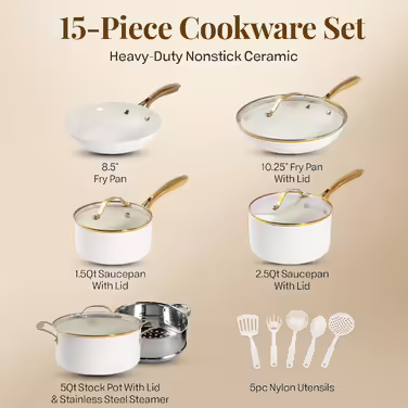 GOTHAM STEEL 15-Piece Cookware Set, Non-Stick Cookware Set, Pot and Pan Set, Kitchen Cookware Sets, Ceramic Cookware Set, Dishwasher Safe, Non-Toxic, Cream White 15 Pieces