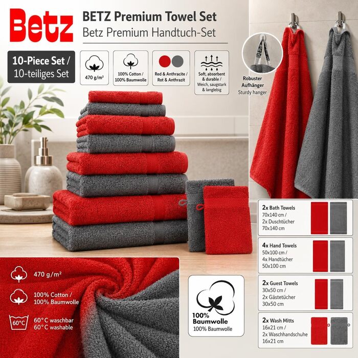 Набір махрових рушників Betz Premium 10 предметів (червоний та антрацит): 2 банні, 4 гігієнічні, 2 гостьові, 2 для рук, 2 рукавички