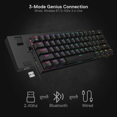 Redragon K530 Pro Draconic: Механічна ігрова клавіатура 60% з RGB-підсвічуванням, Tactile Brown Switch, Hot-Swap, для Windows/Mac/Android