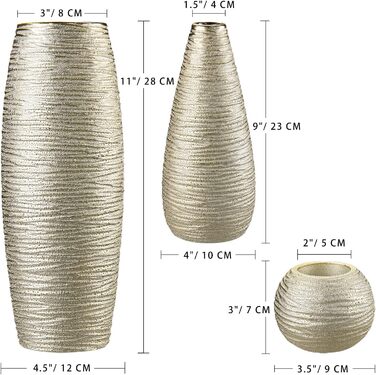 3-Piece Ceramic Pampas Grass Vase Set - Decorative Vases for Home, Table Arrangements, Living Room, Office, Wedding & Holiday Decor - 28cm Tall