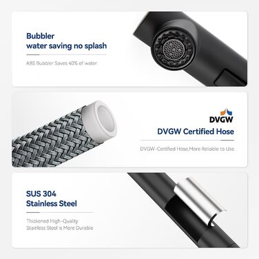 Кран кухонний CECIPA Hochdruck, висувна насадка, двосторонній струмінь, поворотний 360°, з нержавіючої сталі, чорний матовий, ×207B L-подібний, ×2