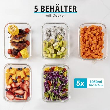 Набір контейнерів для їжі Igluu Meal Prep (5 шт.) – 1050 мл, Borosilikatglas, мікрохвильовка, духовка, морозильник, посудомийна машина, витікання