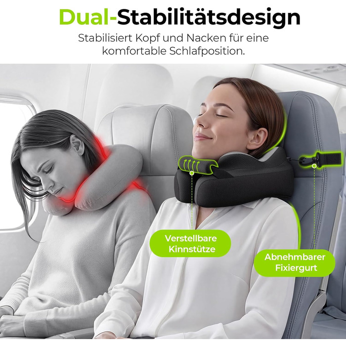 Подушка для шиї AUVON для подорожей: ергономічна підтримка голови та шиї, регульована підставка для підборіддя, дихаюча тканина, проти напруження шиї (літак, авто, поїзд)