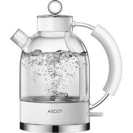 Електричний чайник ASCOT з боросилікатного скла, 2200W, 1.5L, без BPA, тихий, з функцією захисту від сухого кипіння та автоматичним вимкненням, білий