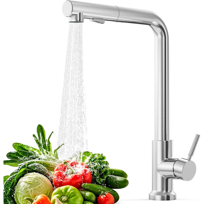 Змішувач кухонний висувний з душем, 360° поворотний, 2 режими розпилення, високий тиск, нержавіюча сталь (срібло)