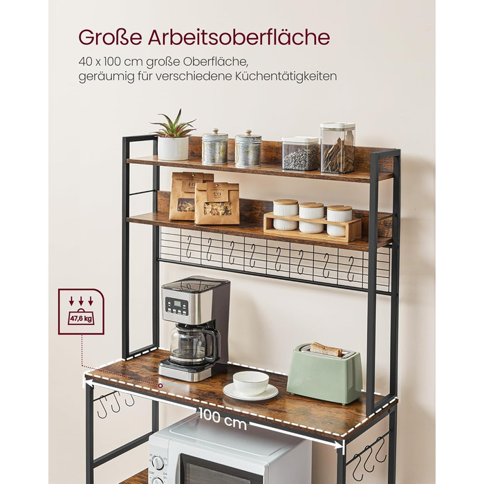 Стелаж кухонний VASAGLE з розетками, для мікрохвильової печі, з решіткою, 14 гачків, антрацит-чорний (40 x 100 x 170 см, Вінтаж-коричневий + Чорний)