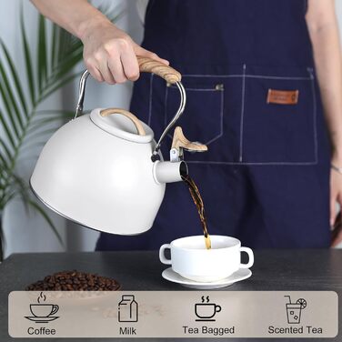 Чайник для плити Vegoran 3 літри зі свистком, з нержавіючої сталі з дерев'ястим декором, з ручкою-клямкою, для чаю, кави, молока (зелений) (білий/Розкішний сад)