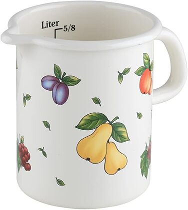 Riess, 0337-068, Kitchen Measuring Cup 9 0.5 L, COUNTRY - FRUIT GARDEN, Diameter 9 cm, Height 12.0 cm, Capacity 0.5 Liters, Enamel, white with fruit decoration, Induction