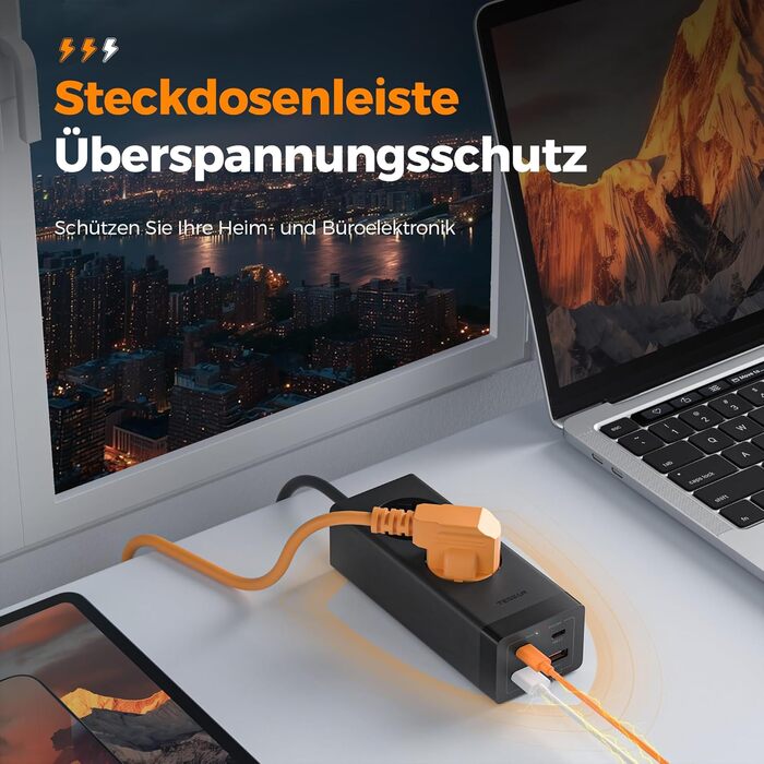 Мережевий фільтр TESSAN 30W USB-C з GaN, 2 розетки, кабель 2м, захист від перенапруги 3600W, чорний