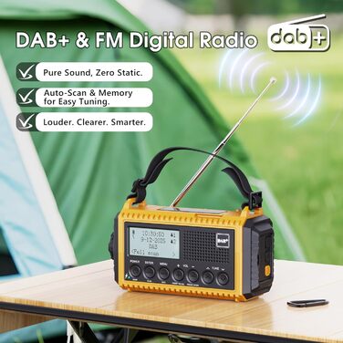 Портативне радіо DAB/DAB+/UKW з сонячною батареєю та акумулятором 5000mAh. Радіо для кемпінгу, надзвичайних ситуацій, з LED ліхтариком та функцією зарядки телефону USB.