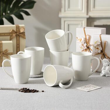 MALACASA Coffee Mugs Set of 6, Porcelain 560ML Mug Set, Large Modern Coffee Cups with Handle for Tea, Juice, Latte, Cappuccino, Hot Chocolate. Dishwasher and microwave safe, REG White Series